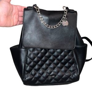 Nine West Black Quilted Leather Backpack with Silver Chain
